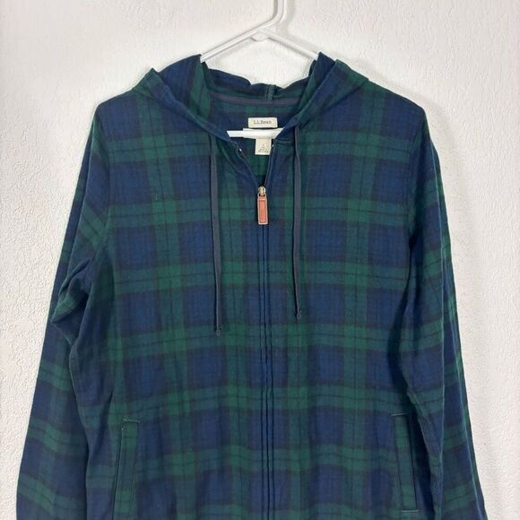 New LL Bean Blue & Green Plaid Cotton Zip Up Hooded Jacket Women's Size Small Ta - Picture 3 of 7